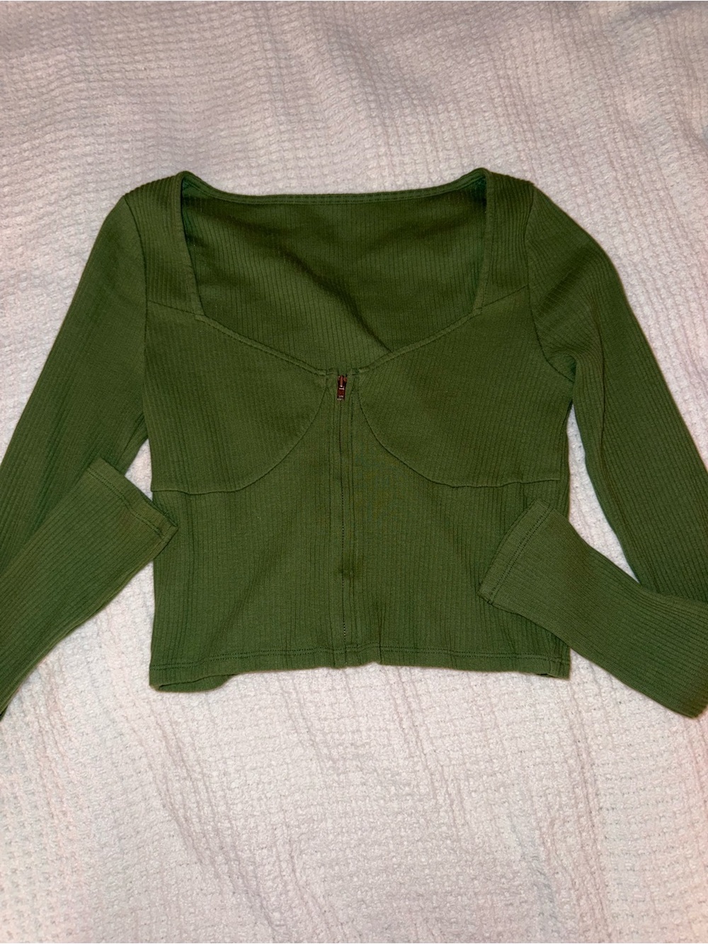 Green Ribbed Long-Sleeve Zip Front Top